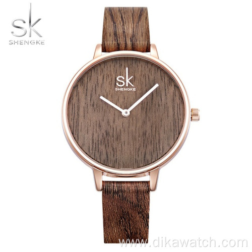 Shengke New Creative Women Watches Casual Fashion Wood Leather Watch Simple Female Quartz Wristwatch Relogio Feminino